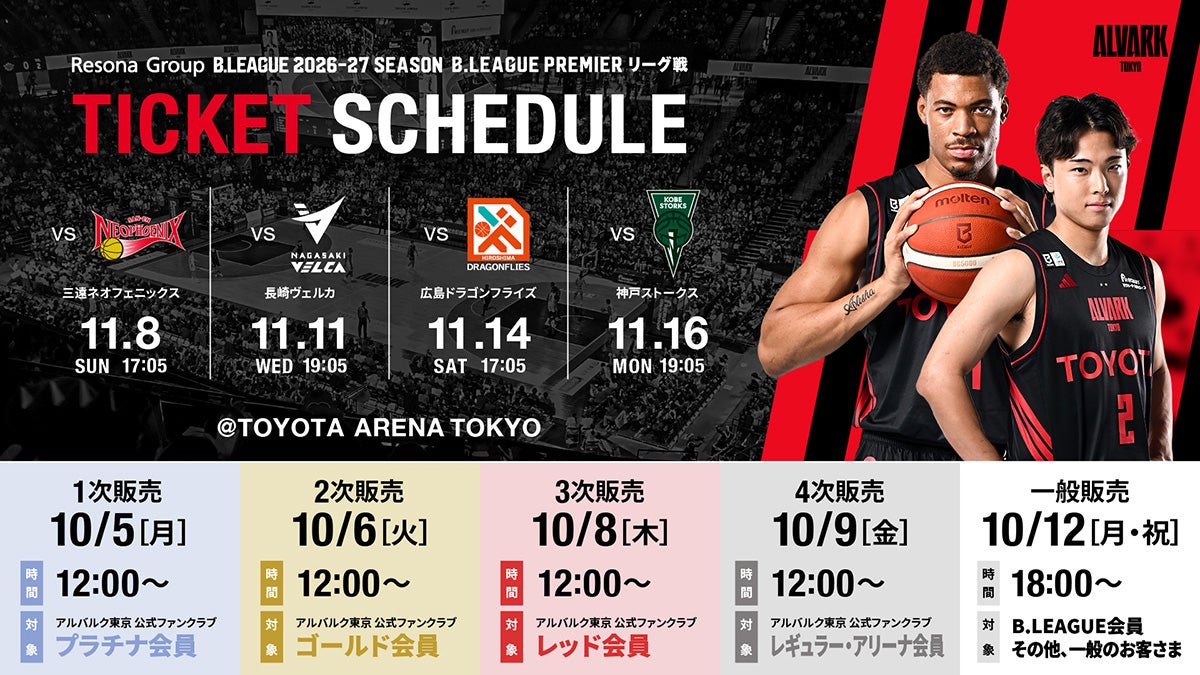 りそなグループ B.LEAGUE 2026-27 B.PREMIER リーグ戦 11/8(日)三遠戦,11/11(水)長崎戦,11/14(土)広島戦,11/16(月)神戸戦チケット販売概要